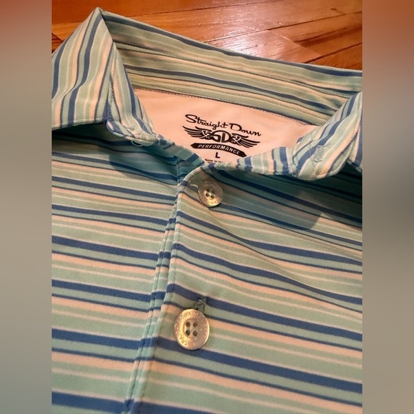 Straight Down Polo Shirt Men’s Size L White/Blue/Teal Striped Performance Golf - Picture 2 of 15